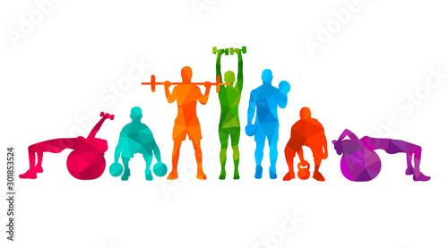 Detailed vector illustration silhouettes strong rolling people set girl and man sport fitness gym body-building workout powerlifting health training dumbbells barbell. Healthy lifestyle