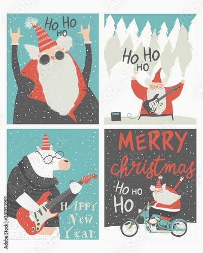 Set of Christmas cards with rock n roll Santa Claus