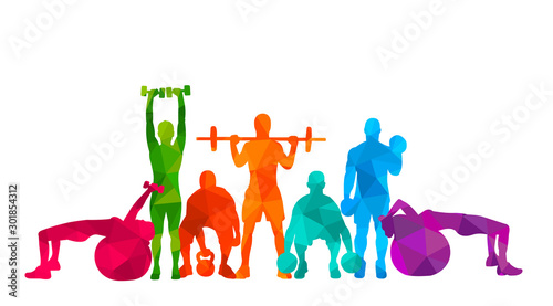 Detailed vector illustration silhouettes strong rolling people set girl and man sport fitness gym body-building workout powerlifting health training dumbbells barbell. Healthy lifestyle