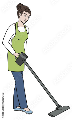 Girl cleaner cleans with a vacuum cleaner. Young woman in an apron holds a cordless vacuum cleaner. Housewife is doing the hoovering. Vector illustration drawings on a white background