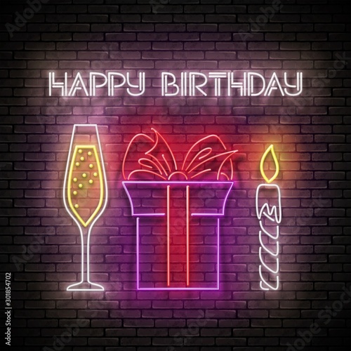 Glow Greeting Card with Gift, Champagne, Candle and Happy Birthday Inscription