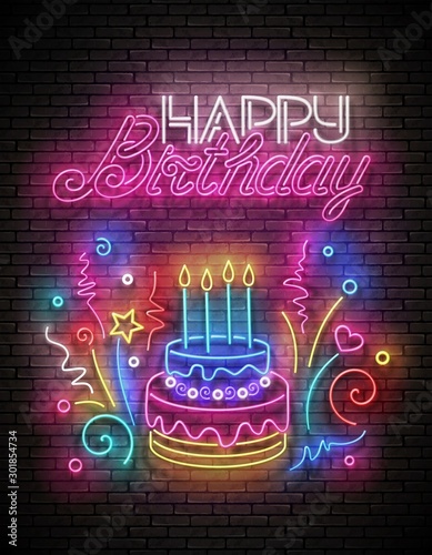 Glow Greeting Card with Cake, Candles, Confetti and Happy Birthday Inscription