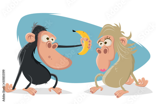 funny cartoon ape gives banana to a female ape