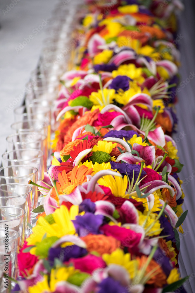colorful arrangement on a wedding table for newlyweds
