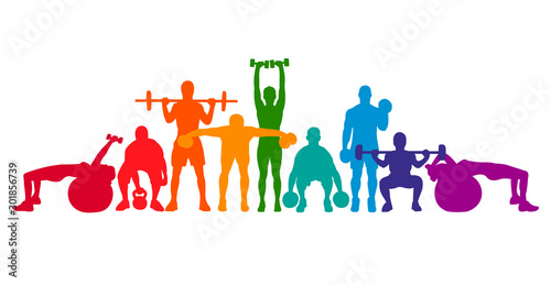 Detailed vector illustration silhouettes strong rolling people set girl and man sport fitness gym body-building workout powerlifting health training dumbbells barbell. Healthy lifestyle
