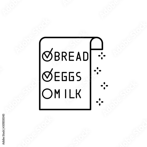 List of products bread eggs milk butter paper icon. Simple line, outline vector of grocery icons for ui and ux, website or mobile application