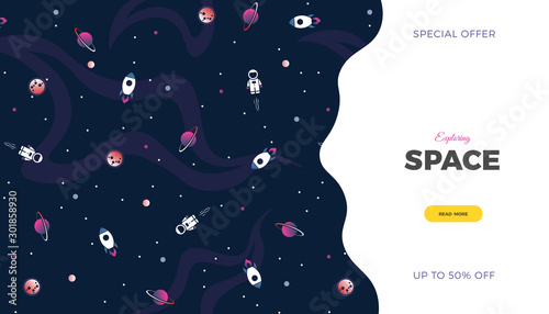 Space exploration creative background design with Planets, Rocket, Moon, Astronaut, Comet and Stars in cosmos. Cute bright color template for website page or banner vector illustration