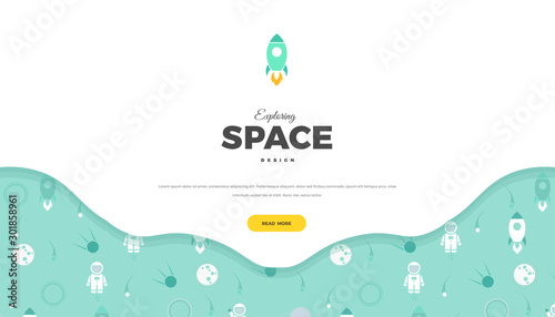 Space exploration creative background design with Planets, Rocket, Moon, Astronaut, Comet and Stars in cosmos. Cute soft blue color template for website page or banner vector illustration