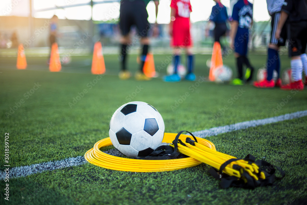 Soccer ball , drills ladder and drills rings on green artificial turf for soccer training equipment. Soccer ball , drills ladder and drills rings on green artificial turf for soccer training equipment.