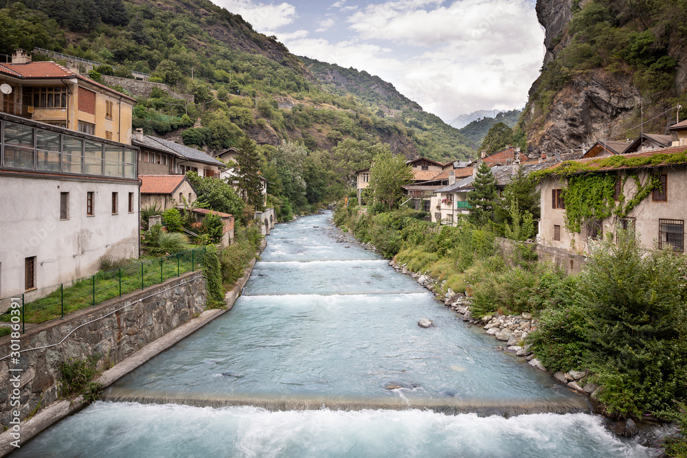 Torrente Evancon stream in Verres town, Aosta Valley, Italy 