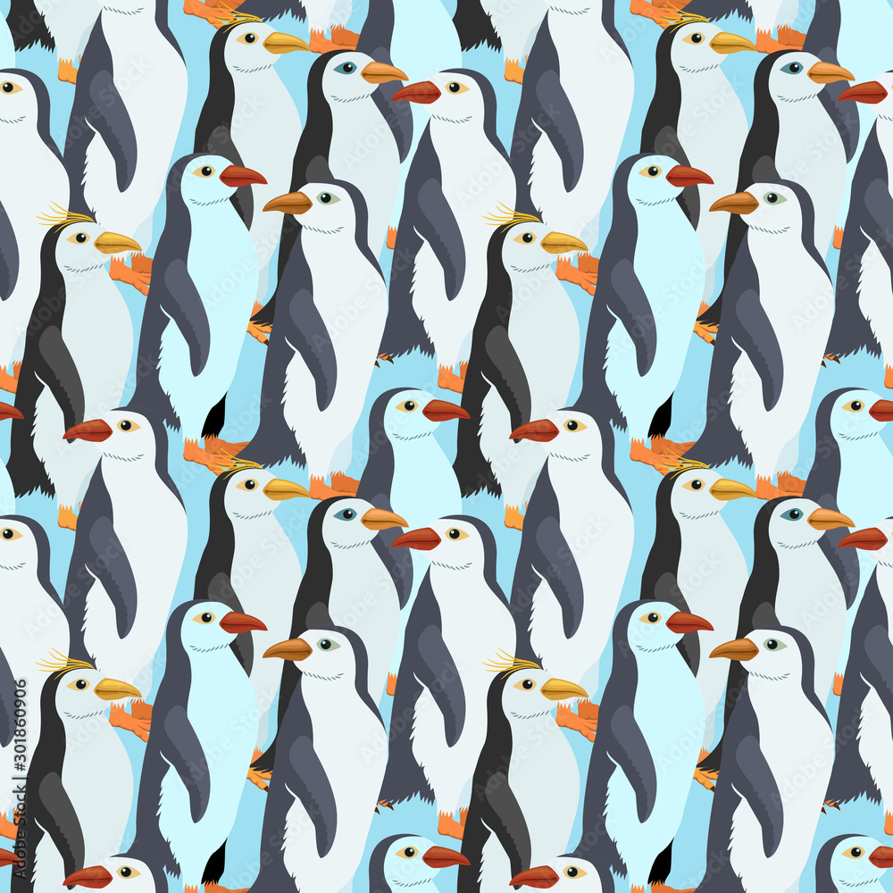 Obraz premium Seamless pattern with a many emperor penguin on blue background.