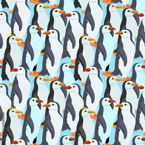 Seamless pattern with a many emperor penguin on blue background.