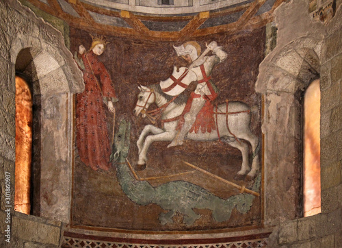 San Giorgio e il drago; affresco nella chiesa romanica di San Giorgio a Vigoleno (Piacenza)