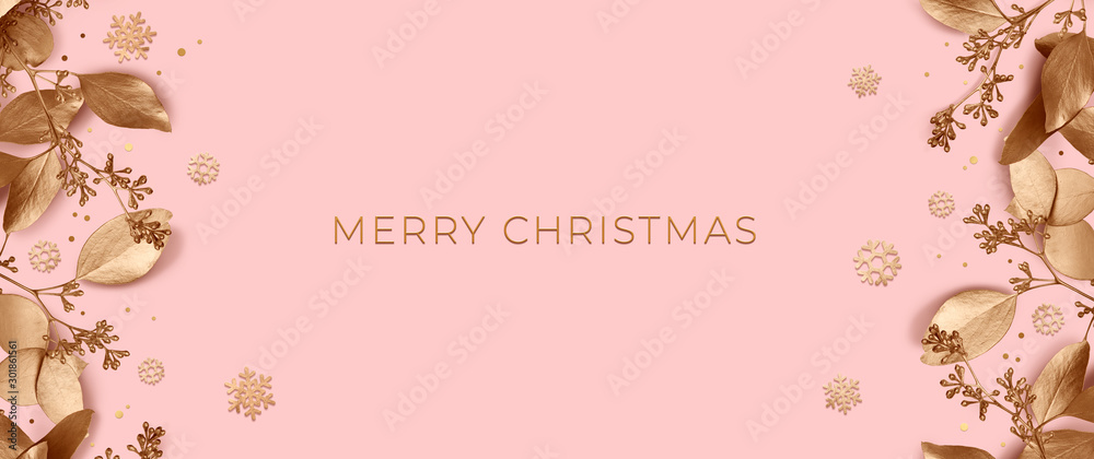 Christmas banner with golden leaves and snowflakes on a pink background. Design element for New Year cards. Template of a greeting poster for the winter holidays. 3d illustration. Top view. - obrazy, fototapety, plakaty 
