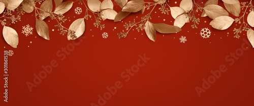 Red Christmas holiday background. Copy space for text with a garland of golden leaves and snowflakes. Design element for Christmas and New Year cards, banners. Top view. 3d illustration.