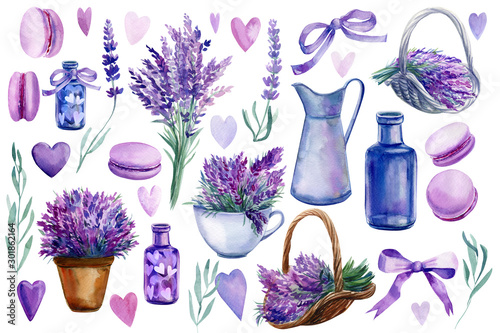 set of elements of lavender flowers on an isolated white background, a basket with lavender, vase, bottle, hearts, bouquet, macarons, watercolor illustration, hand drawing