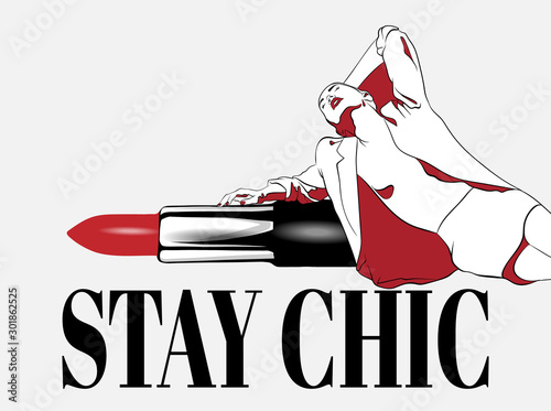 Stay chic. Vector hand drawn illustration of girl with red pomade  isolated. Creative  artwork. Template for card, poster, banner, print for t-shirt, pin, badge, patch.