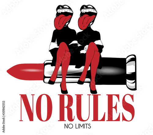  No rules no limits. Vector hand drawn illustration of girls with red pomade  isolated. Creative  artwork. Template for card, poster, banner, print for t-shirt, pin, badge, patch.