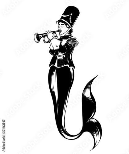 Vector hand drawn illustration of trumpeter with mermaid 's tail . Creative tattoo artwork. Template for card, poster, banner, print for t-shirt, pin, badge, patch.