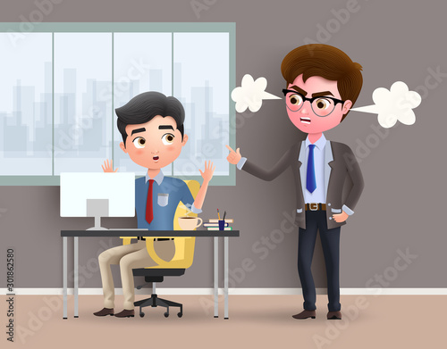 Angry boss business character vector concept. Office employee caught by angry boss while working in office desk. Vector illustration.