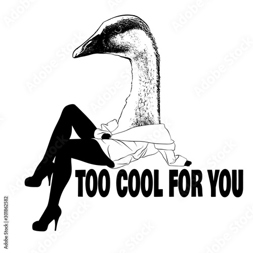 Too cool for you. Vector hand drawn illustration of girl with head of goose . Creative tattoo artwork. Template for card, poster, banner, print for t-shirt, pin, badge, patch.