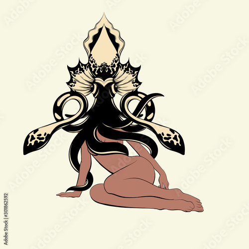 Vector hand drawn illustration of girl with squid . Creative tattoo artwork. Template for card, poster, banner, print for t-shirt, pin, badge, patch. photo