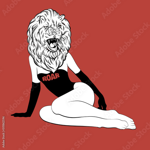 Roar. Vector hand drawn illustration of girl with lion's head . Creative tattoo artwork. Template for card, poster, banner, print for t-shirt, pin, badge, patch.