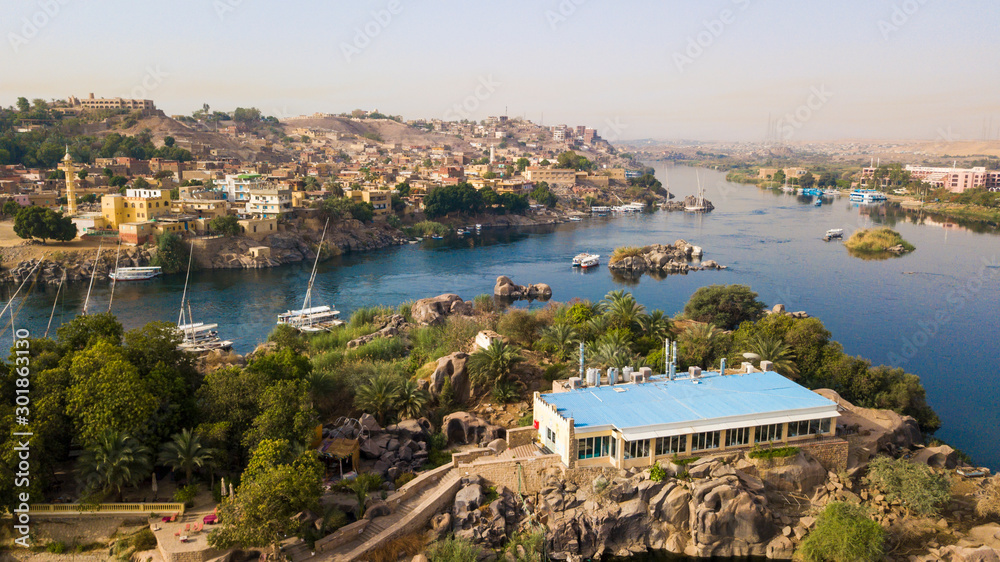 Aerial view of the Nile River in Aswan, Egypt