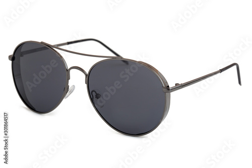 side view of modern sunglasses isolated on white background