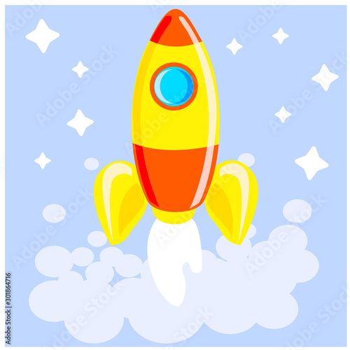 Vector illustration of cartoon children s rocket taking off into space.