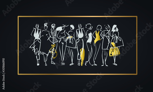 High Fashion Illustration of Models in Black and Gold