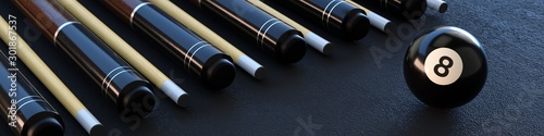 Eight ball, pool banner with cues and black ball. photo