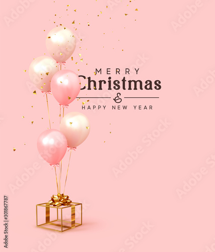 Christmas background. Festive background with helium balloons, gift box. Poster, banner happy anniversary. Realistic decorative design elements. Vector 3d object ballon with ribbon, pink, coral color.