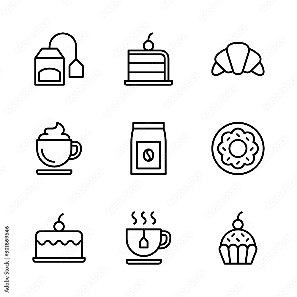 Coffee Shop Outline Vector Icon Set 2, Tea Bag, Cake, Croissant, Cappuccino, Coffee Bag, Donut, Tea Cup and Cup Cake Coffee Shop Outline Vector Icon Set 2, Tea Bag, Cake, Croissant, Cappuccino, Coffee Bag, Donut, Tea Cup and Cup Cake