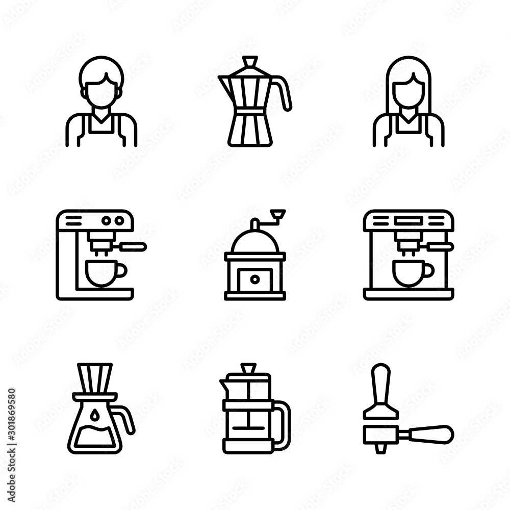 Coffee Shop Outline Vector Icon Set 3, Barista, Moka Pot, Coffee Machine, Grinder, Dripper, French Press and Tamper