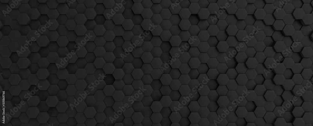 Hexagonal dark grey, black background texture, 3d illustration, 3d rendering