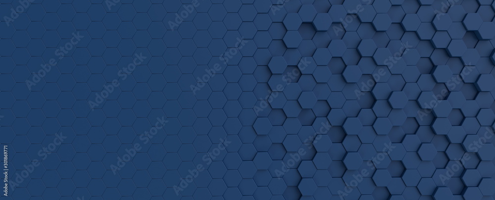 Hexagonal dark blue navy background texture placeholder, 3d illustration, 3d rendering backdrop - obrazy, fototapety, plakaty 