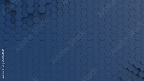 Hexagonal dark blue navy background texture placeholder, 3d illustration, 3d rendering backdrop © Sono Creative