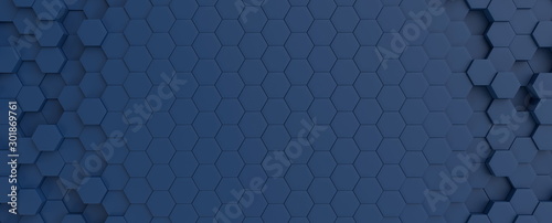 Tablou canvas Hexagonal dark blue navy background texture placeholder, radial center space, 3d