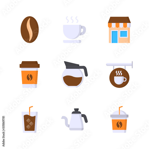 Coffee Shop Flat Vector Icon Set 1, Bean, Coffee Cup, Cafe, Paper Cup, Cafe Sign, Iced Coffee and Kettle