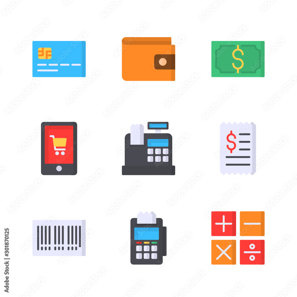 Ecommerce Flat Vector Icon Set 3, Credit Card, Wallet, Money, Online Shop, Cash Register, Bill, Barcode, Payment Terminal and Calculator