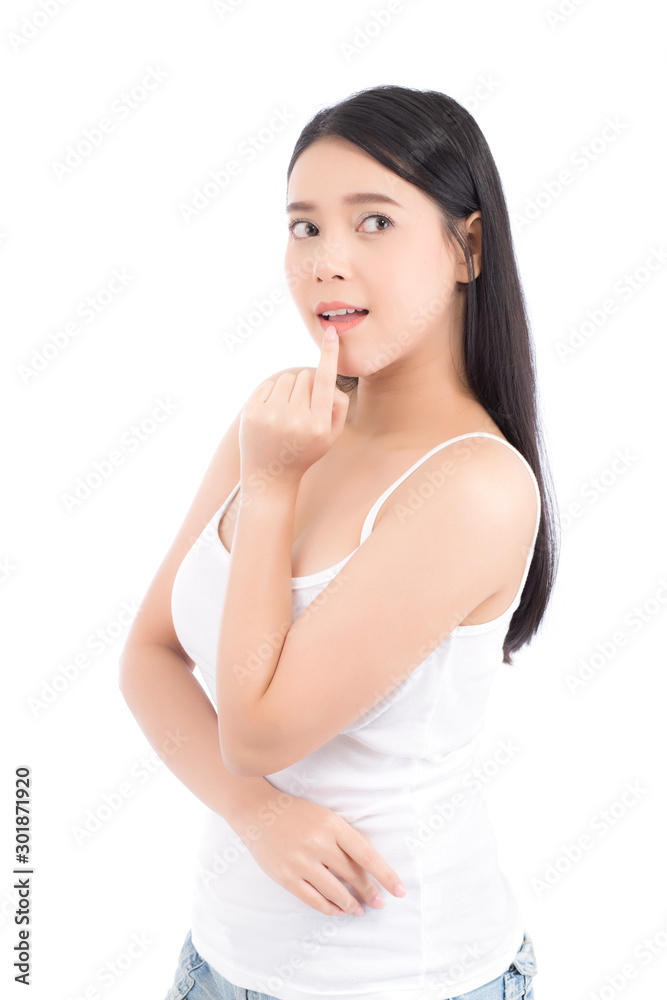 Portrait beautiful woman asian makeup of cosmetic, girl hand touch lips and mouth and smile attractive, face of beauty perfect with wellness isolated on white background with skin healthcare concept. Portrait beautiful woman asian makeup of cosmetic, girl hand touch lips and mouth and smile attractive, face of beauty perfect with wellness isolated on white background with skin healthcare concept.