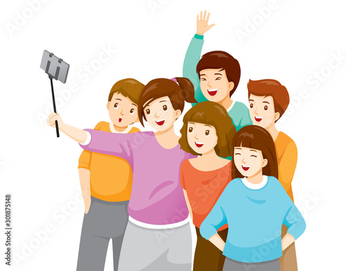 Happy Group Of Adolescent Taking Selfie Photo On Smartphone Together