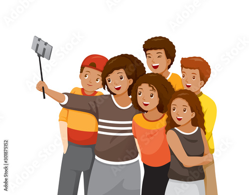 Happy Group Of Black Adolescent Taking Selfie Photo On Smartphone Together