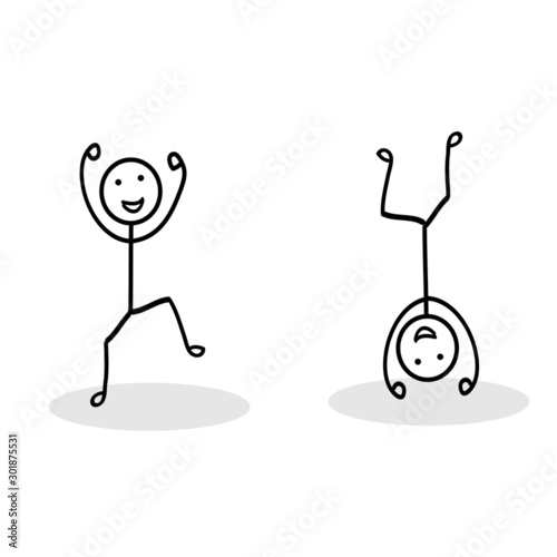 Cartoon vector stick man illustration happy man businessman jumping, handstand.