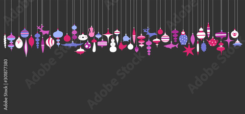 Vector illustration of various hanging Christmas tree ornaments on black or dark gray background. Winter holidays banner.