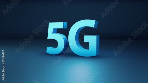 3d 5G word isolated on blue background, concept of new technology delivering. Camera rotates near giant letters, 3d cgi 60 fps animation.