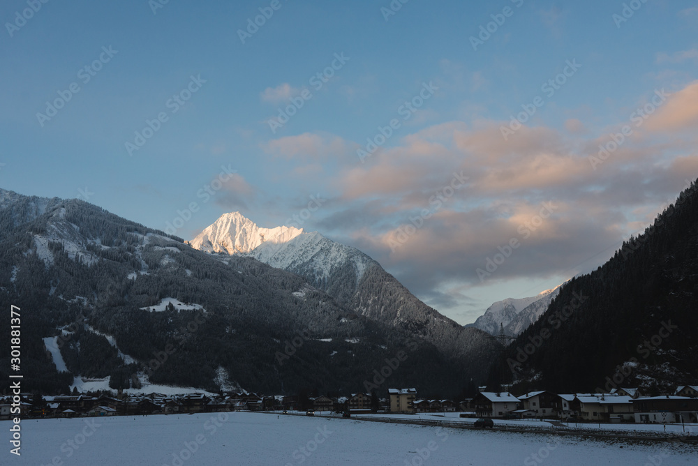 Evening landscape, view of the Austrian town Mayrhofen in Tirol.