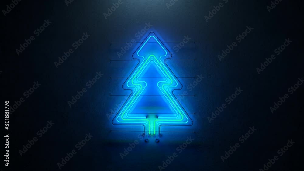 Blue and green christmas tree neon sign. Winter holidays symbol. Seamless loop 3D render animation Blue and green christmas tree neon sign. Winter holidays symbol. Seamless loop 3D render animation