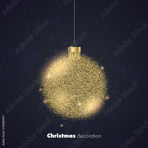 Background for Merry Christmas holidays with luxury golden glitter ball. Template for Christmas decorations, poster, banner, cover. Vector 3d illustration